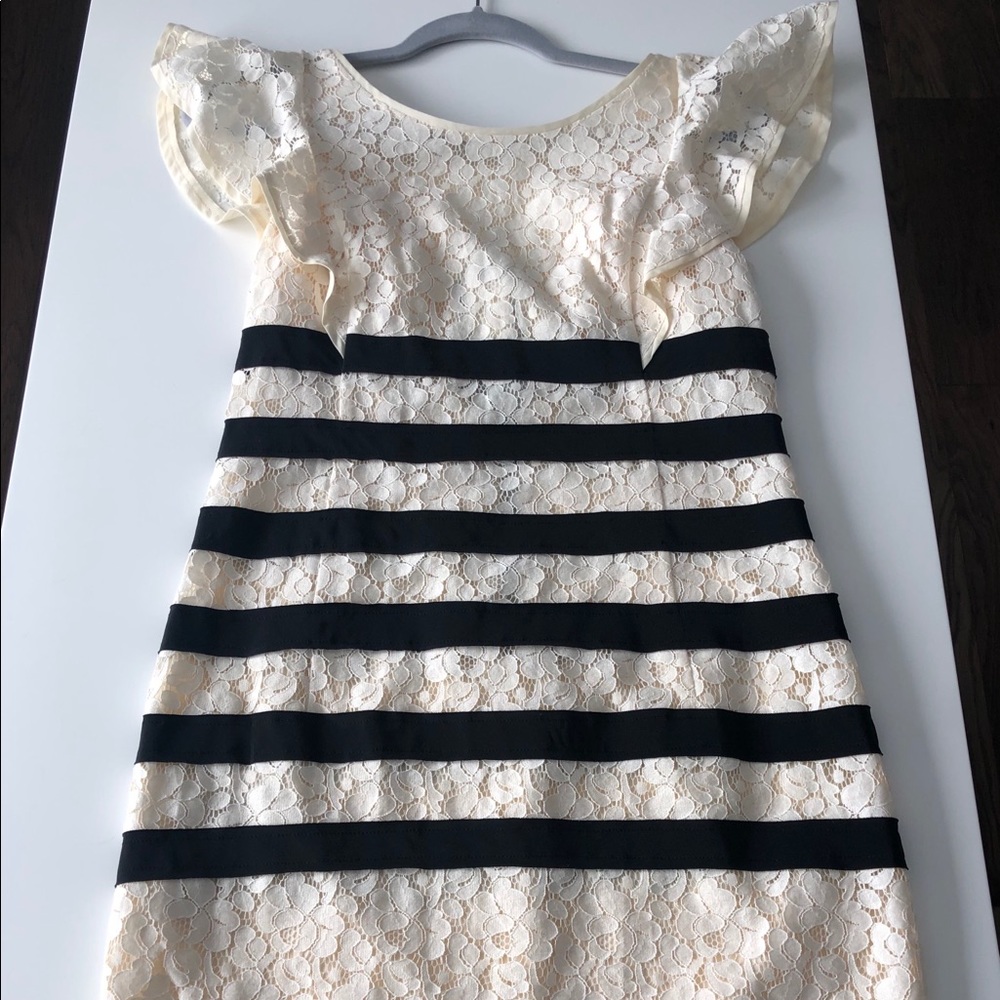 NWT! BCBG striped, laced ivory/black dress